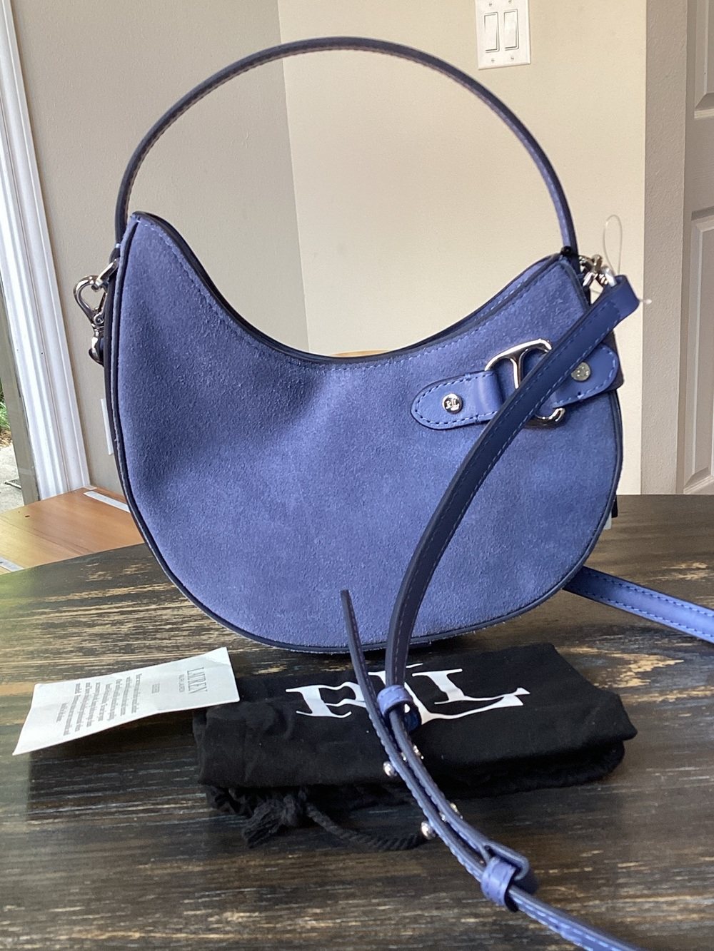 Lauren Ralph Lauren Tasha Carson Blue Suede Crescent Shoulder Bag